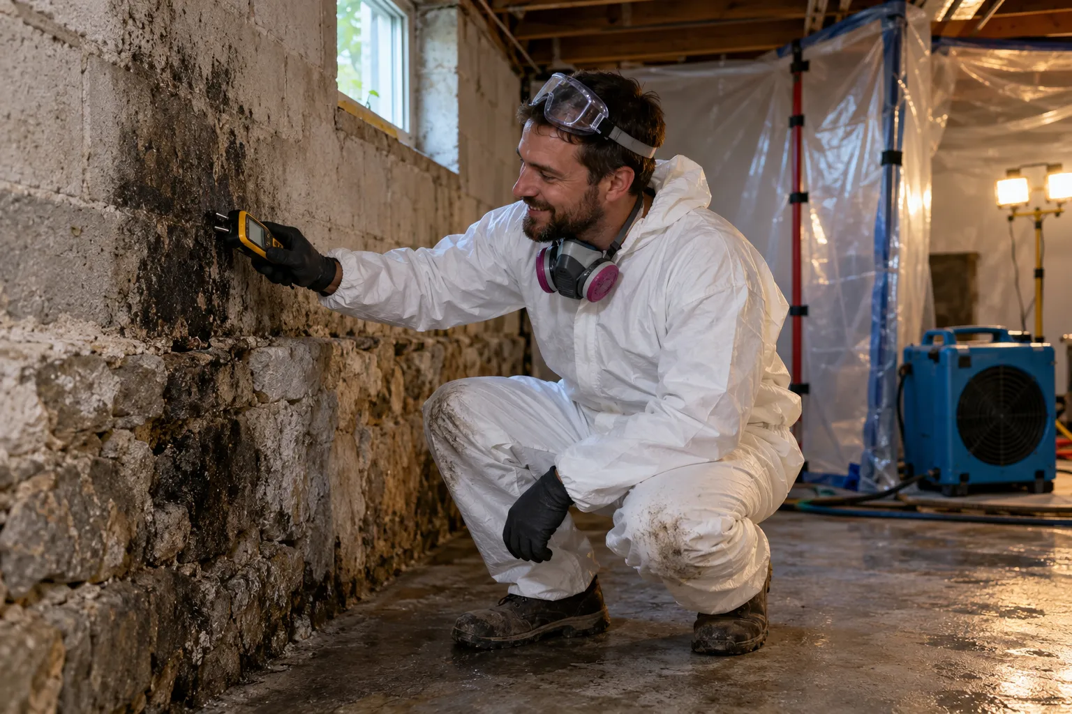 Local provider in protective gear inspecting a basement wall with dark mold growth in a home near Boston