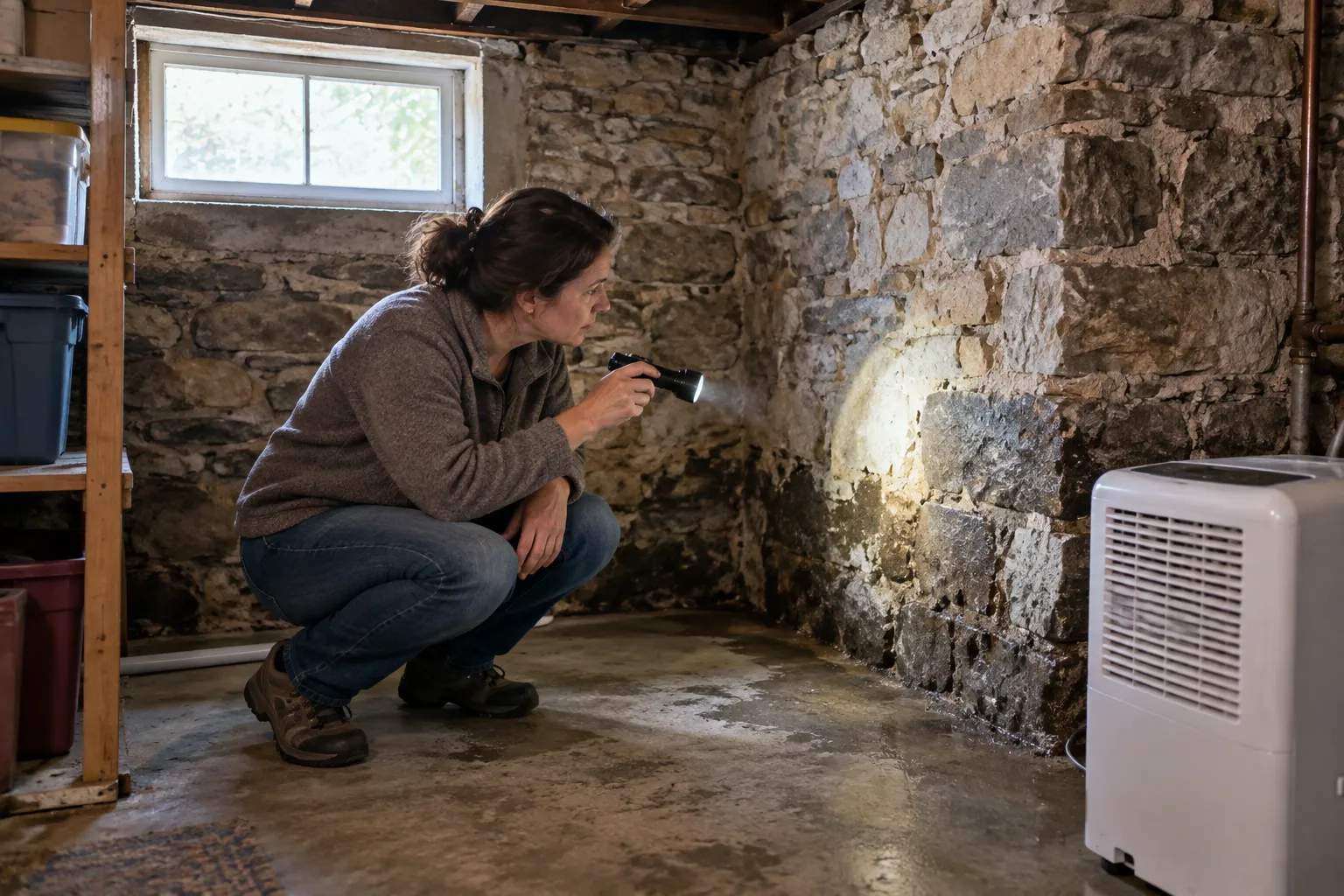 Homeowner checking a damp basement wall for signs of mold in Boston