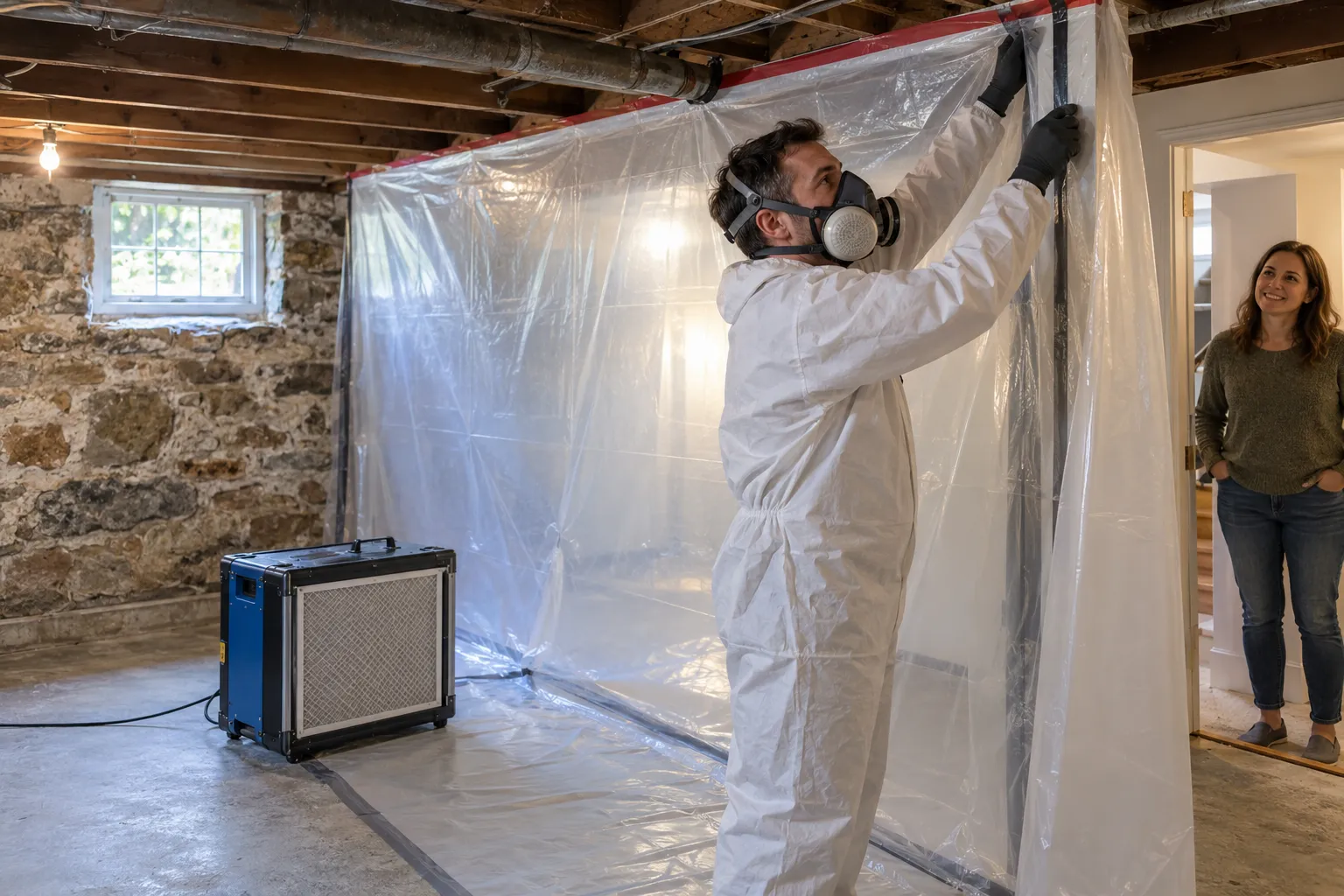 A local provider setting up containment sheeting in a basement for mold remediation near Boston